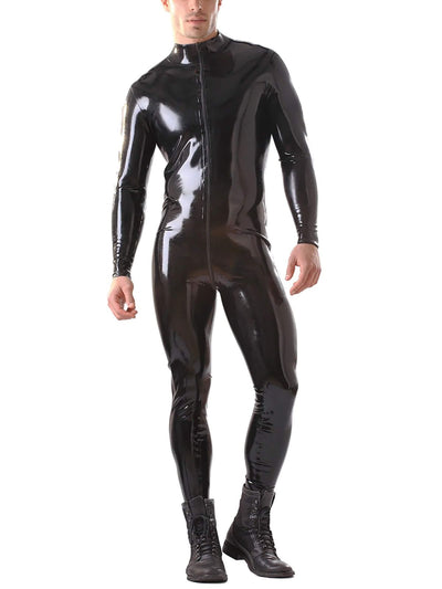 Langarmiger Herren Latex Catsuit mit Reißverschluss und Kragen