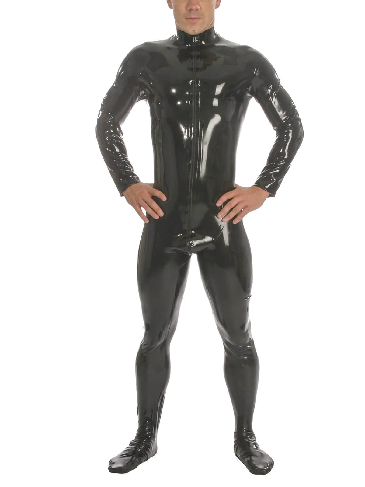 Langarmiger Herren Latex Catsuit mit Vorder-Reißverschluss und hohem Kragen und Füßen.