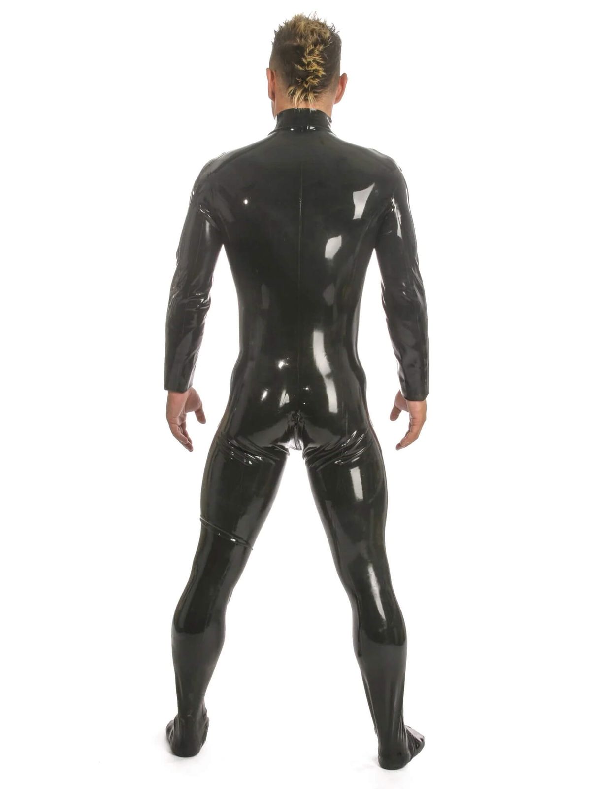 Langarmiger Herren Latex Catsuit mit Vorder-Reißverschluss und hohem Kragen und Füßen.